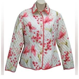 Anne Carson Women's Size Large‎ Quilted Jacket 100% Silk Pink Floral Sequins